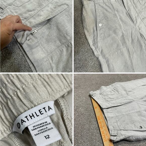 Athleta womens Linen Tapered Ankle Leg Pants Snap Pockets Natural Beige size 12 - Picture 10 of 12